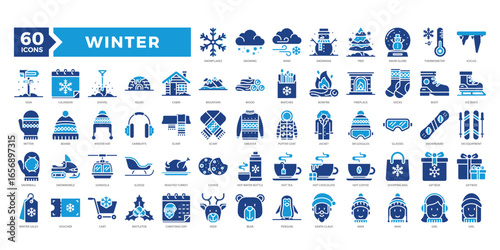 Winter icons collection set including snowflakes, clothes, food, and holiday elements. Perfect for seasonal designs, Christmas themes, e-commerce, and winter event visuals.