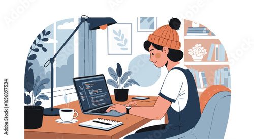 Young woman working from home on laptop with code cozy workspace and comfortable light enjoying remote job benefits