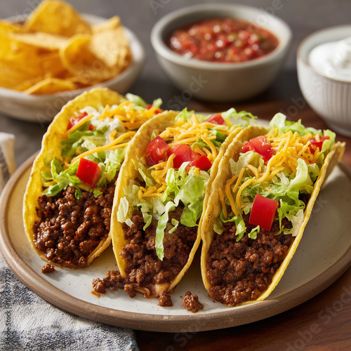 Three crunchy beef tacos topped with lettuce, tomatoes, and cheese served with salsa and chips.