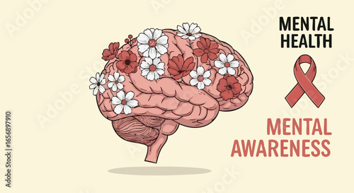 Mental Health Awareness with Brain and Flowers Symbolizing Growth and Wellness Understanding the Importance of Emotional Wellbeing