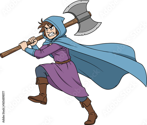 Fantasy warrior cartoon, axe-wielding character, medieval fighter in cape, battle-ready pose, cad drawing flat vector illustration, heroic stance