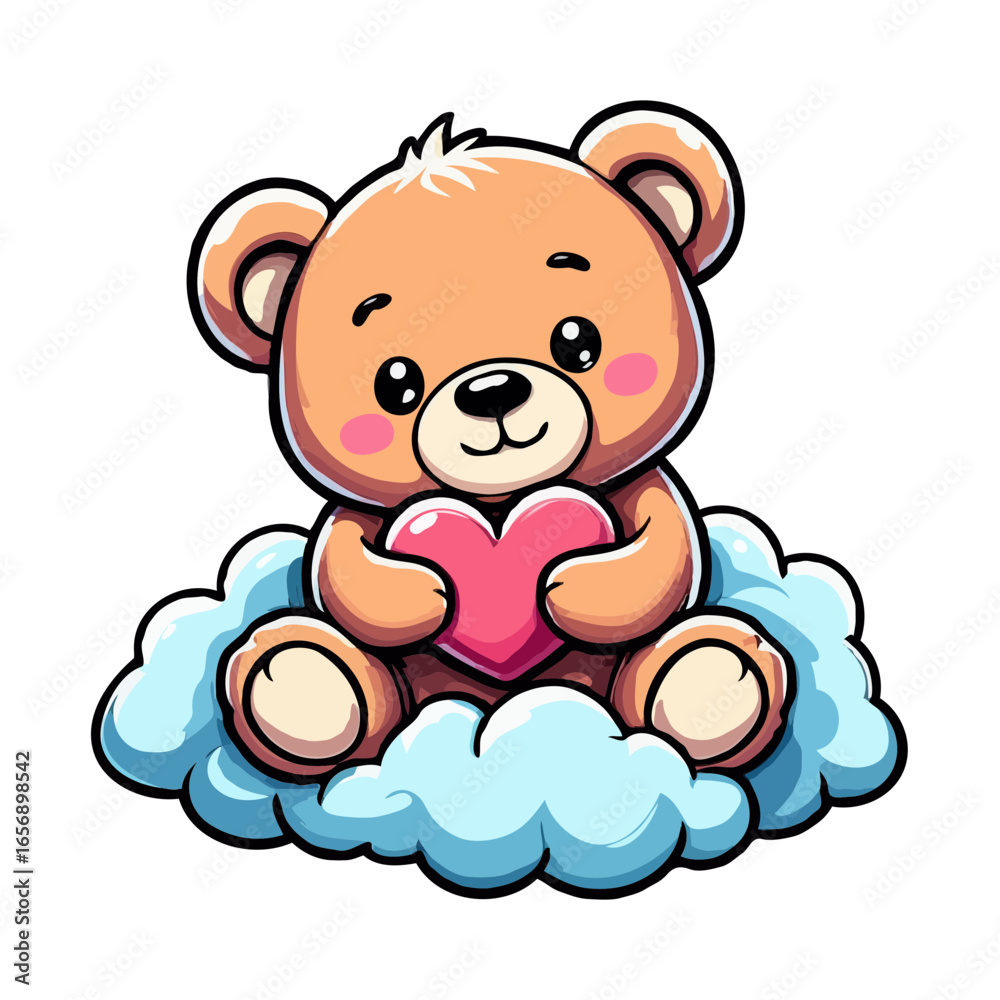 Obraz premium Cute teddy bear holding a pink heart while sitting on a cloud