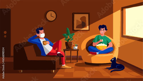 Two men relaxing at home with one wearing a face mask and holding a mug