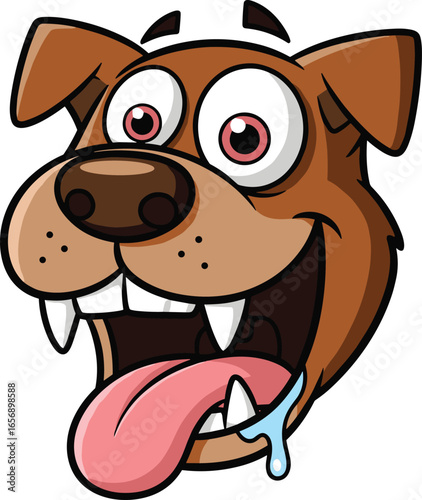 Funny cartoon dog head, exaggerated expression vector, drooling tongue, big nose, floppy ears, red pupils, playful pet character illustration