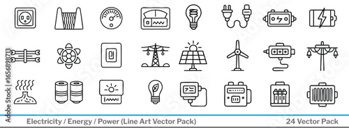 Energy and power icons representing electricity generation, distribution, and sustainable solutions for industry