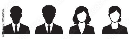 Professional business silhouette icons of men and women in formal attire representing office workers and corporate employees
