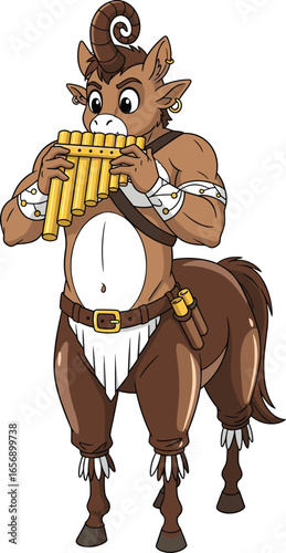 Mythical centaur satyr hybrid, flat vector illustration, pan flute player, fantasy creature, goat horns, horse body, musical theme, accessories