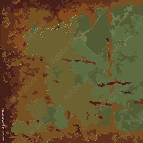 Rusty metal surface with mottled colours in brown and green. Abstract pattern of rust and decay on a textured metal surface.