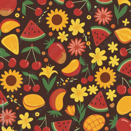 Colorful, flat fruit and flower illustrations create a joyful, summery pattern. Ideal for advertising, branding, and children's products.
