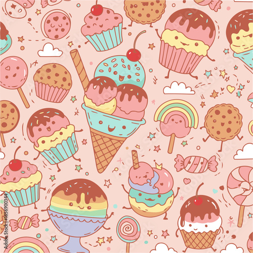 Cute cartoon sweets in a pastel color pattern with playful poses. Sweet treats and desserts in a whimsical background.