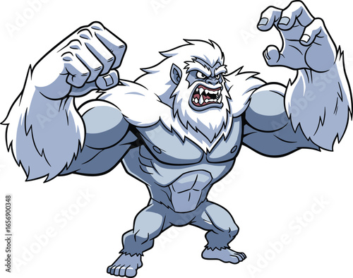 Yeti cartoon character, abominable snowman vector, fierce mythical creature, white fur monster, aggressive pose, cad drawing flat vector illustration