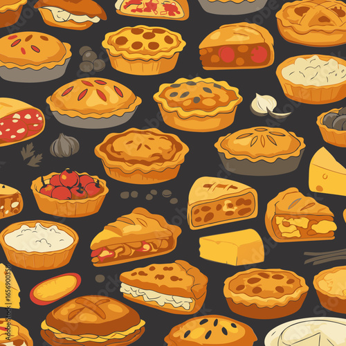 A variety of pies and pastries in a colorful graphic pattern on a dark background. Colorful assortment of pies, pastries, and toppings, arranged in a seamless pattern.