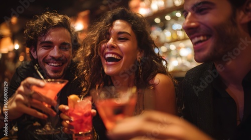 Friends enjoying cocktails and laughing at a bar, creating a joyful atmosphere.