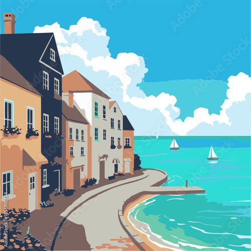 Colorful seaside townhouses with flower boxes on a waterfront walkway, featuring sailboats on the turquoise water. Relaxed coastal scene for travel brochures or vacation advertisements.