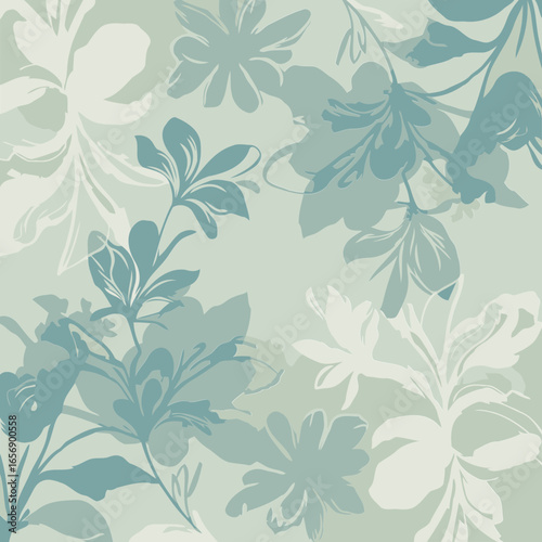 Delicate floral design with muted teal and beige tones in a seamless pattern. Abstract floral arrangement with soft, painterly watercolor effect.