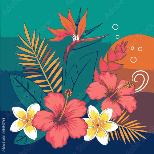 Tropical flower bouquet illustration with vibrant colors and varied floral elements. Colorful display of exotic flowers and tropical leaves in a graphic design format.