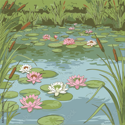 Peaceful pond scene with various water lilies and reeds. Serene display of flora and fauna in a natural setting.