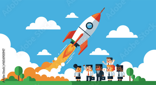 Cartoon Rocket Launch with Business Team Celebrating Success under a Blue Sky with Clouds Representing Innovation and Growth