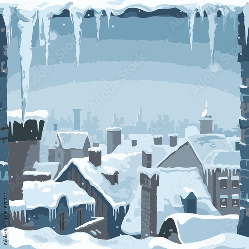 Winter cityscape rooftop view with icicles and snow. Snowy rooftops of buildings in a city viewed from above with icicles hanging from the eaves.