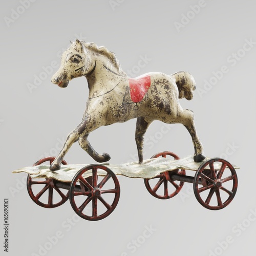 Photos Antique toy horse on wheels with vintage charm.