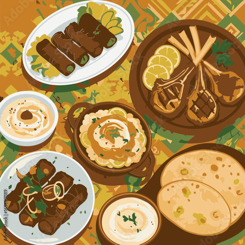 Mediterranean cuisine spread with dolmas, lamb chops, hummus, and flatbread on a patterned tablecloth. Colorful Middle Eastern meal presentation, overhead view.