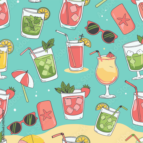 Summer cocktails pattern with beach accessories. Colorful hand-drawn cocktails and beach essentials displayed on a light teal background.