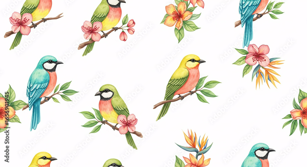 Fototapeta premium Seamless Tropical Birds and Flowers Pattern – Colorful Watercolor Exotic Birds with Blossoms and Leaves Illustration 