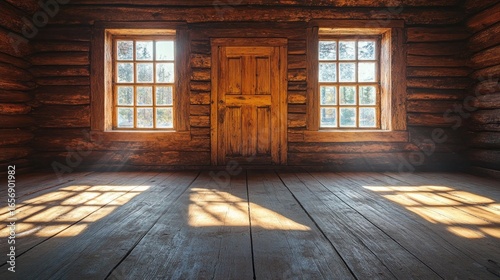 Rustic cabin interior with wooden walls, door, and windows letting in sunbeams. Perfect for backgrounds, illustrating warmth, shelter, or simpler lifestyles.