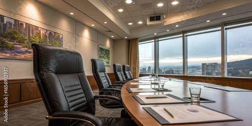 Boardroom with Black Leather Chairs, Papers and a City View from Large Windows