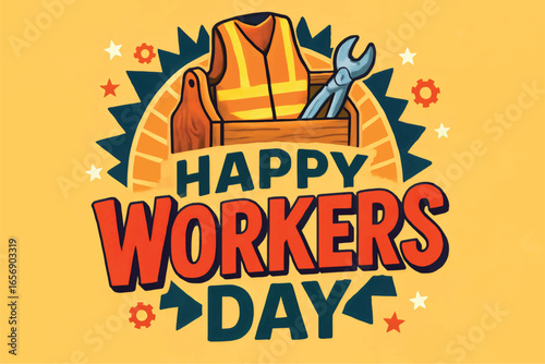Happy Workers Day Toolbox and Safety Vest Illustration