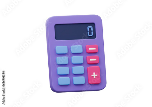 3d purple calculator with digital display showing zero and colorful buttons, isolated on transparent background