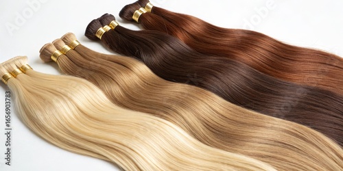 Bundles of Straight Human Hair Extensions in Blonde, Brown and Red Shades