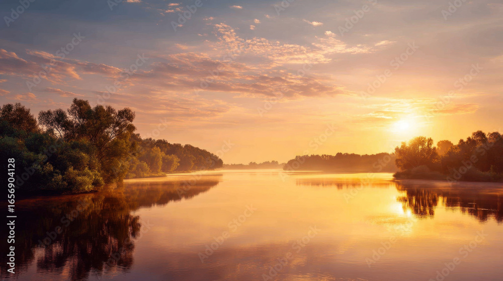 Obraz premium Serene landscape featuring tranquil river at sunrise, surrounded by lush trees reflecting golden hues on water surface. scene evokes sense of peace and natural beauty