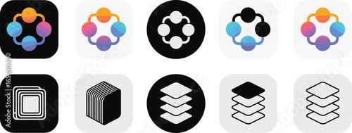 Colorful abstract app icons with geometric shapes, layers, collaboration symbols, modern digital technology design for branding