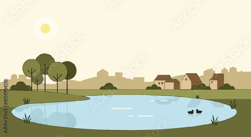Peaceful Lakeside Landscape with Ducks Minimalist Vector Illustration Featuring Trees Houses and a Tranquil Pond under a Warm Sun