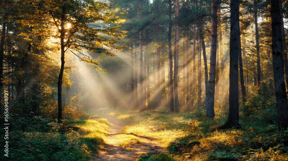 Naklejka premium Serene forest scene with sunlight filtering through tall trees, creating magical atmosphere. path is lined with lush greenery and illuminated by warm rays, inviting exploration and tranquility