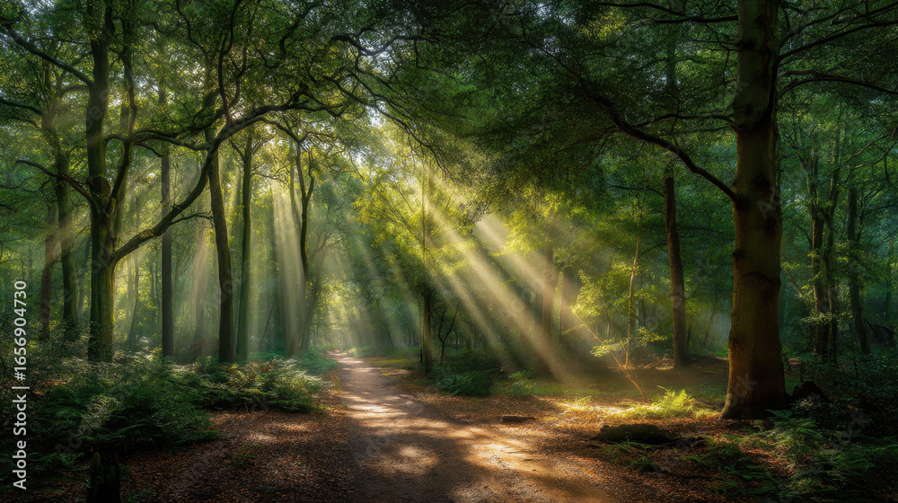 Obraz premium Serene forest scene with sunlight streaming through trees, creating magical atmosphere. path is surrounded by lush greenery, inviting exploration and tranquility
