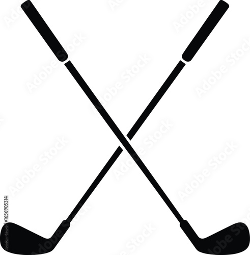 Crossed golf clubs silhouette, sports equipment symbol, black and white icon, golfing design, athletic logo