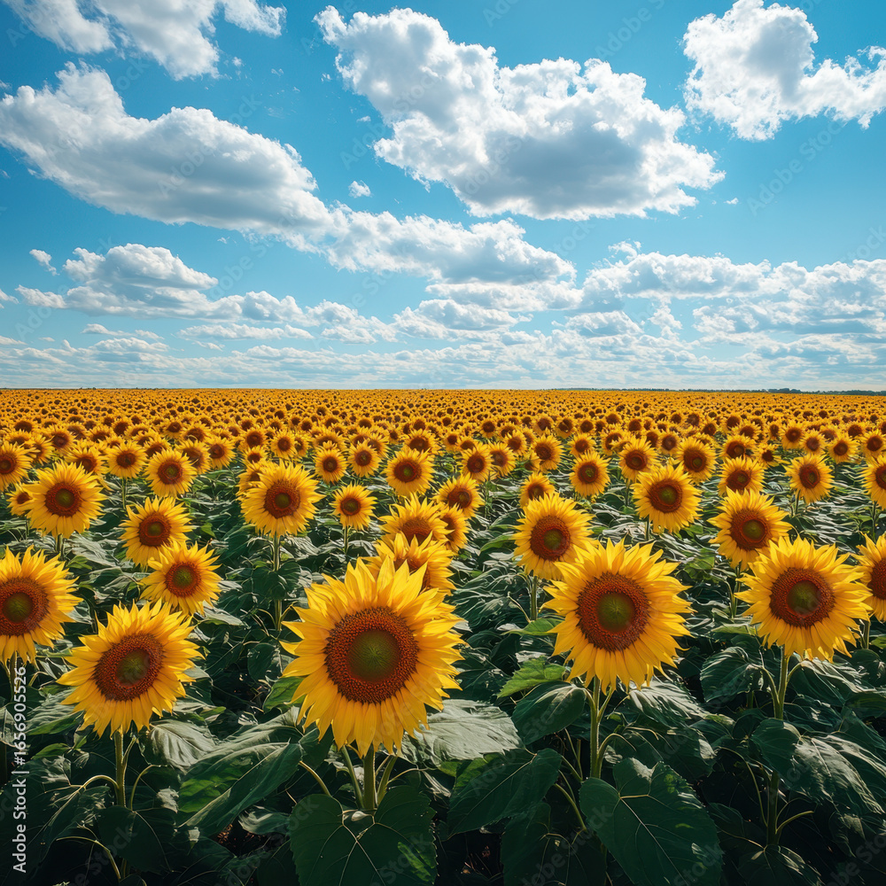Fototapeta premium Sunflowers in a field, basking in the sunlight.