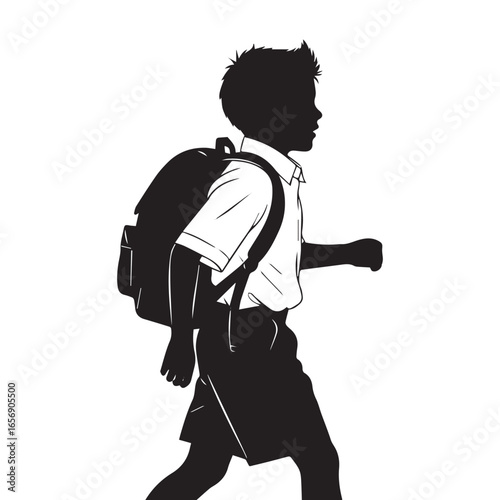 school boy walking with backpack silhouette, back to school student vector illustration, black silhouette of a school kid with a bag