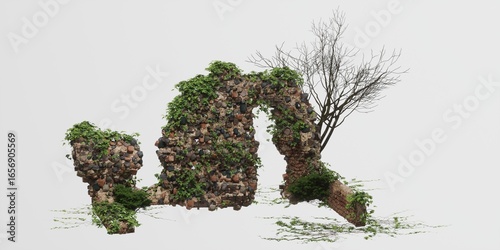 Ruins intertwined with nature on a white background.