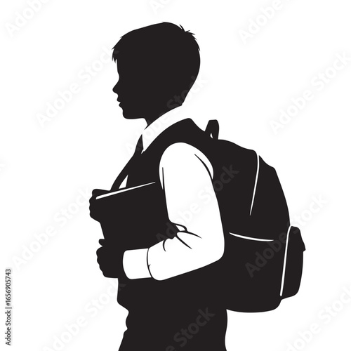 school boy walking with backpack silhouette, back to school student vector illustration, black silhouette of a school kid with a bag