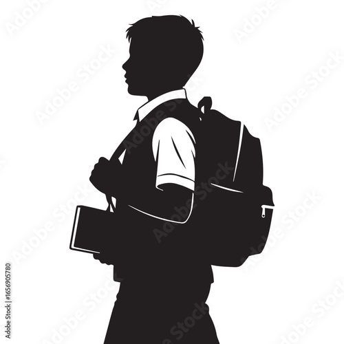 School boy silhouette with backpack and books, Vector silhouette of a schoolboy carrying books, Black and white silhouette of a young student
