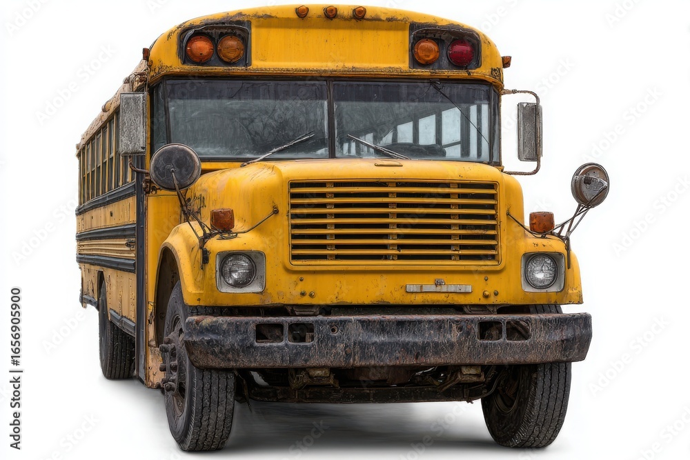 Fototapeta premium Iconic yellow school bus front view isolated on white background with detailed grille and headlights