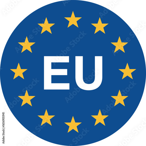 European Union EU flag icon, blue circle with yellow stars, Europe unity political symbol design