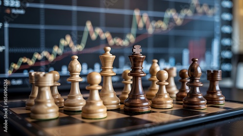 Wallpaper Mural Strategic chess pieces arranged on a board in front of a fluctuating stock market graph displaying financial trends Torontodigital.ca