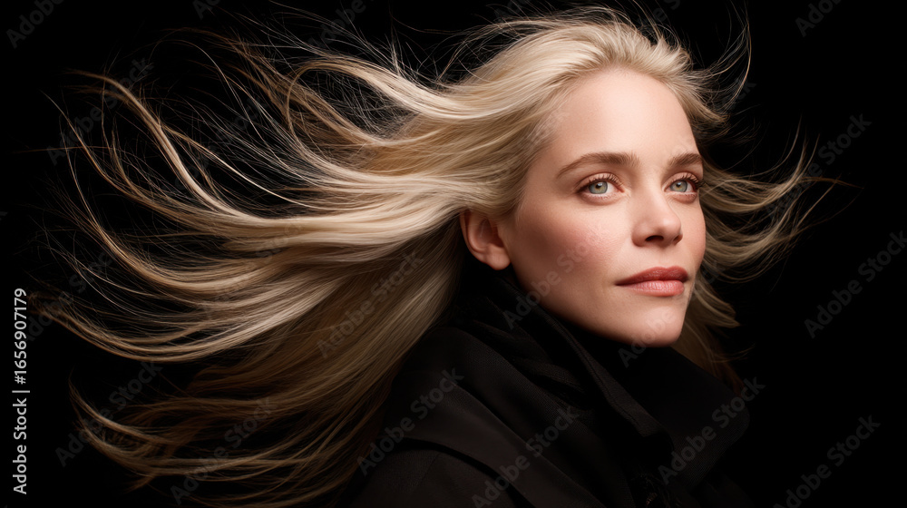Obraz premium Elegant portrait of woman with flowing blonde hair, showcasing serene expression against dark background. soft lighting highlights her features, creating captivating and ethereal atmosphere