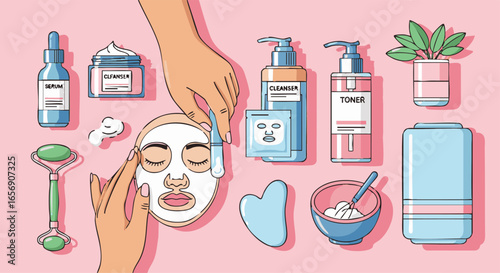 Skincare Routine and Self Care Illustration with Serums Toners Cleansers and Face Masks in a Pink Setting for Wellness