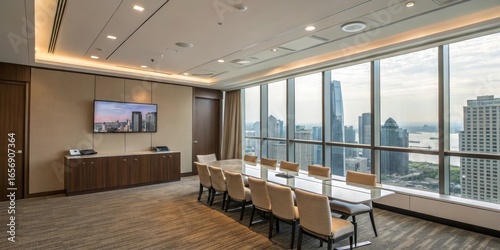 Conference room with a cityscape view