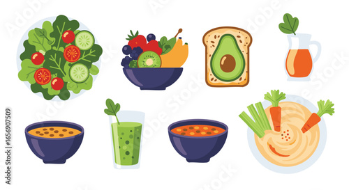 Colorful Vegan Food Set Illustration with Salad Fruit Bowl Avocado Toast and Soups for Healthy Eating Promotion